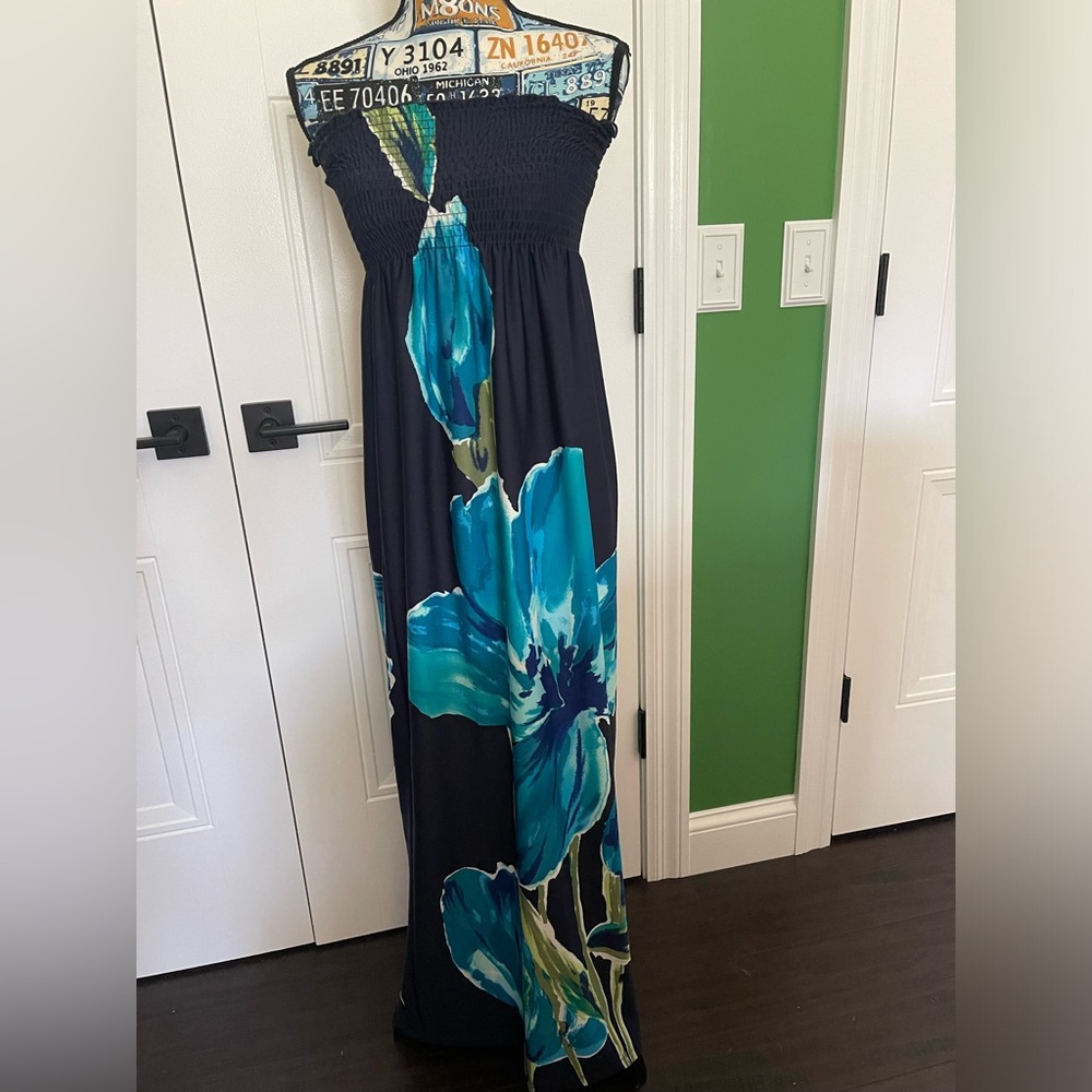BaileyBlue floral maxi dress Sz S EUC Navy Ocean Teal Wht Grn ruched strapless